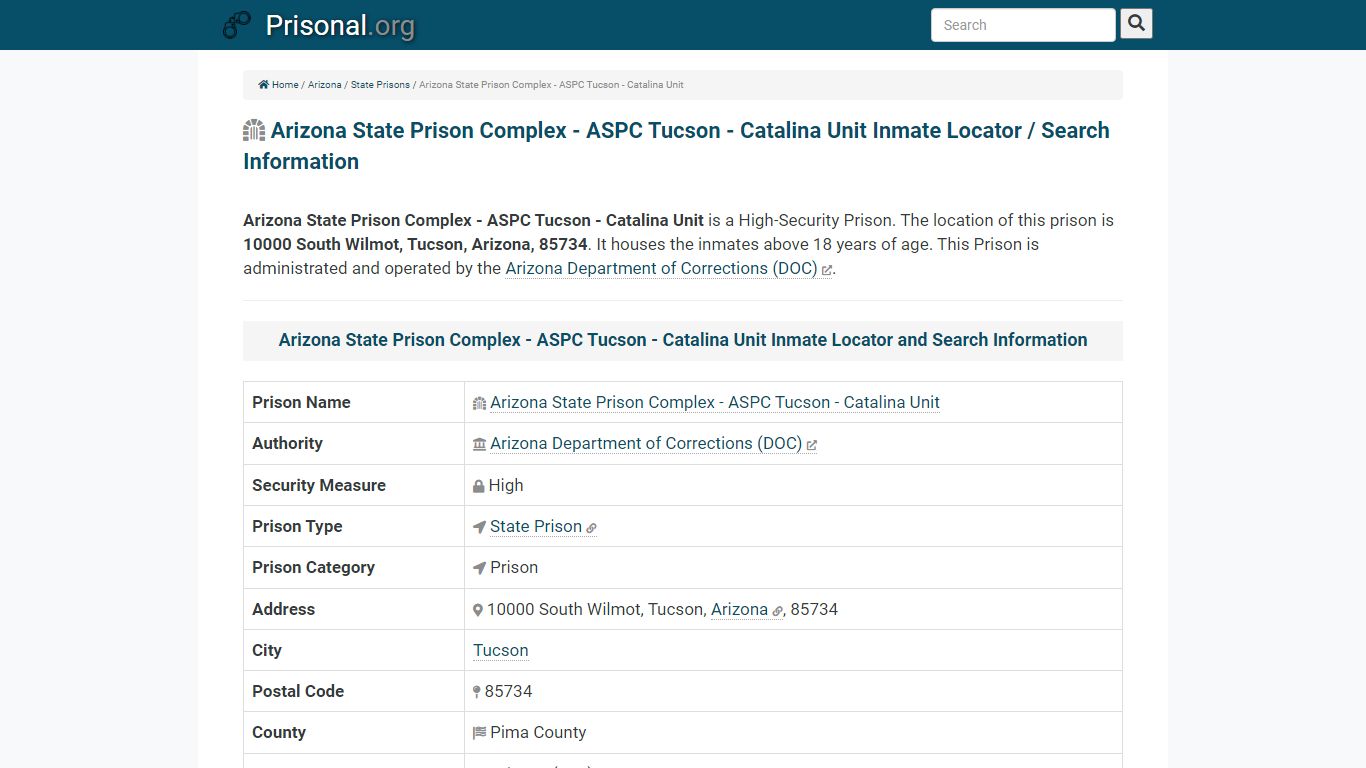 Arizona State Prison Complex - ASPC Tucson - Catalina Unit ...