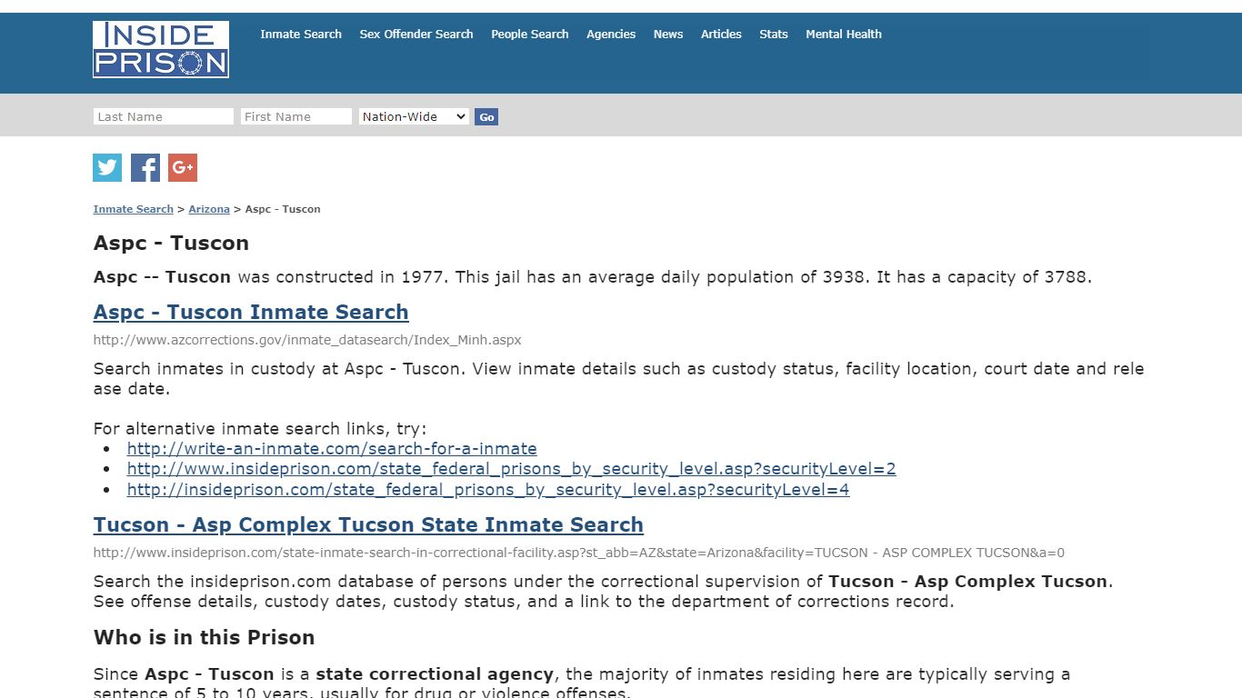 Aspc - Tuscon - Arizona - Inmate Search